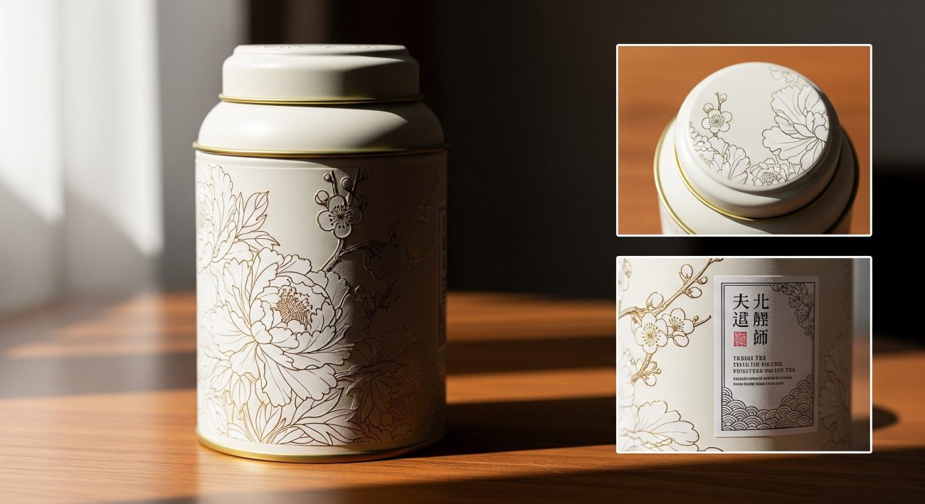 ai设计品牌国潮奢茶罐 ai design premium tea can on walnut surface with embossed peony pattern and gold foil accents